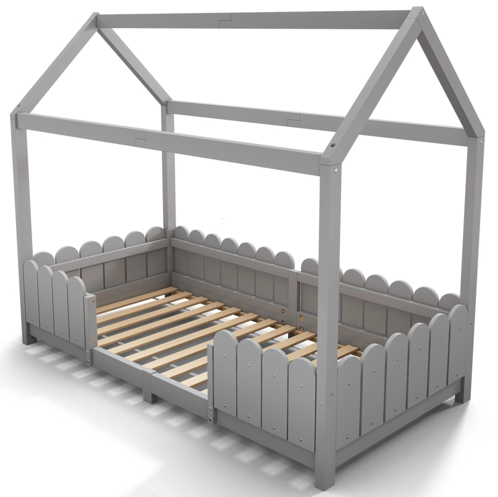 Letto a casetta per bambini 90x200 cm con barriera anticaduta e rete a doghe; in legno grigio