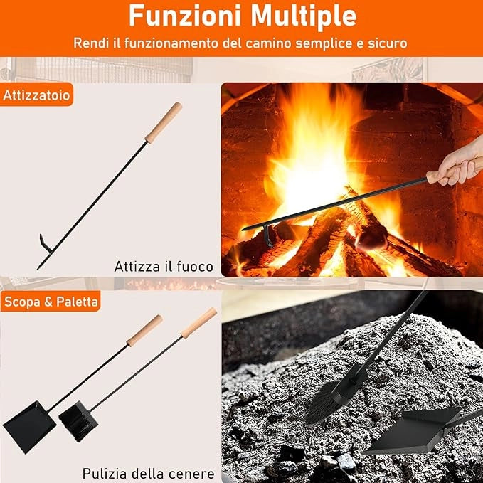 Attrezzi Camino a Legna da 4 Pezzi con Attizzatoio, Paletta, Scopa e Supporto Triangolare, Set Utensili Camino in Ferro Battuto con Manici in Legno di Faggio per Stufa e Focolare