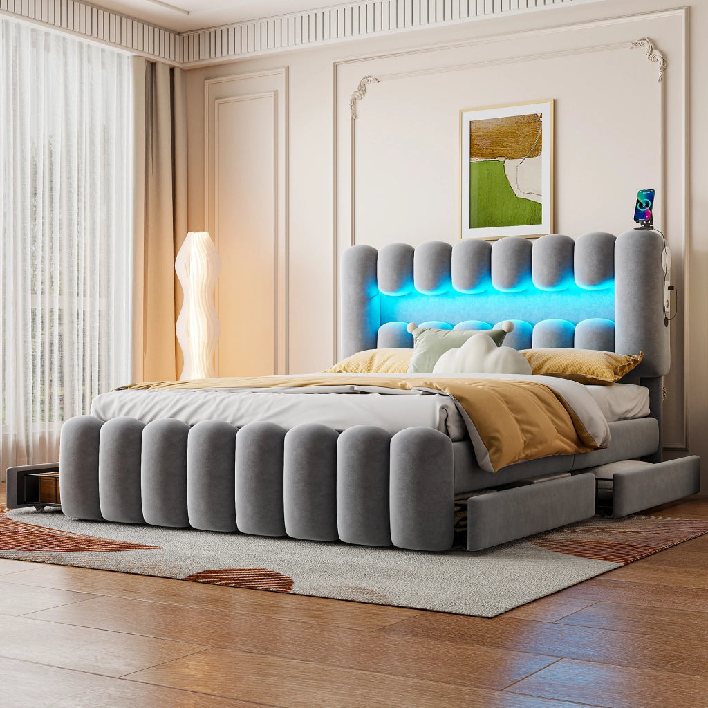 Letto imbottito in velluto con LED, USB e 4 cassetti, 160x200 cm, grigio