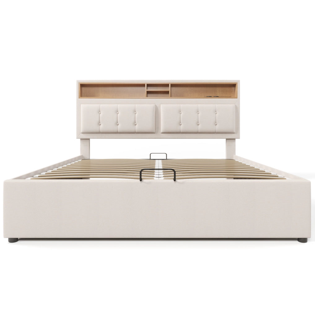 Letto matrimoniale contenitore 160x200 cm con testiera regolabile; USB/Type-C e materasso; lino beige
