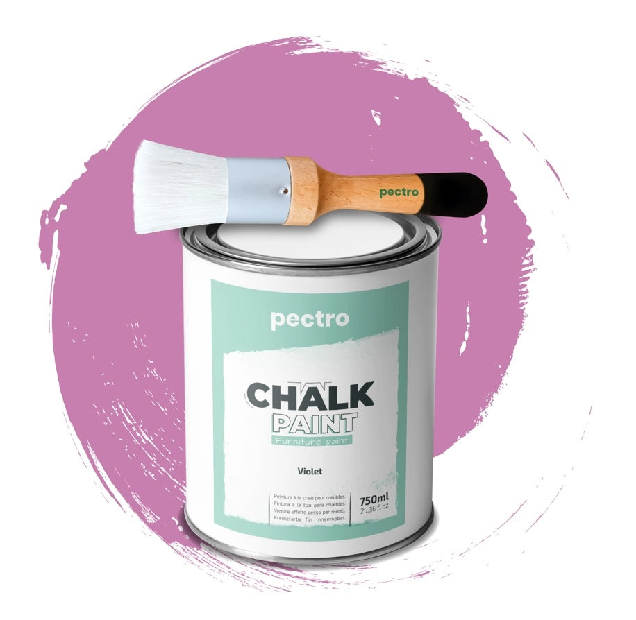 Chalk Paint Vernice a Gesso 750ml + Pennello Tondo in Legno Pack VIOLA - Pittura per Mobili Senza Carteggiare