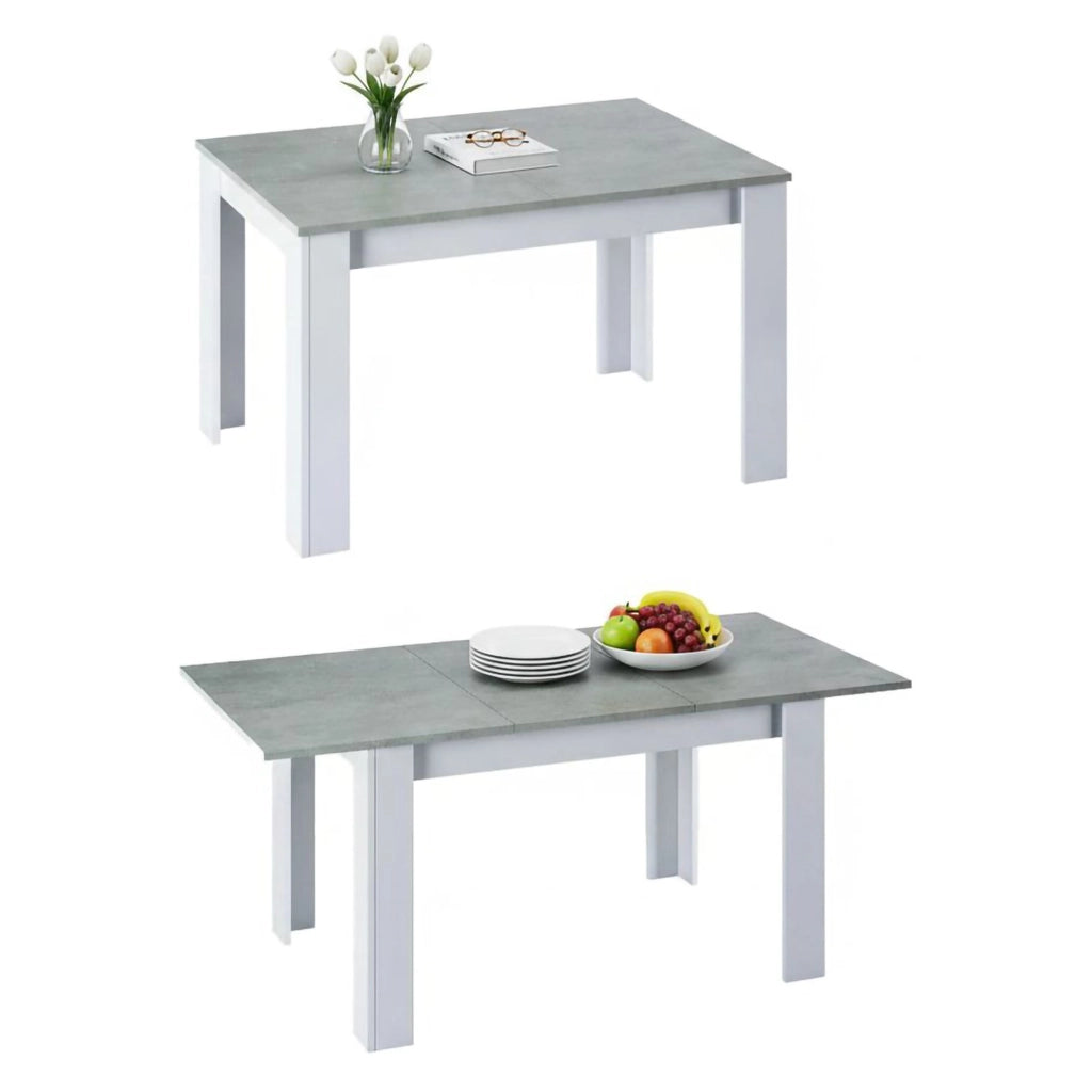 Tavolo allungabile Abudula, Tavolo per sala da pranzo allungabile, Tavolo da pranzo estensibile con allunga, cm 140/190x90h78, Cemento e Bianco