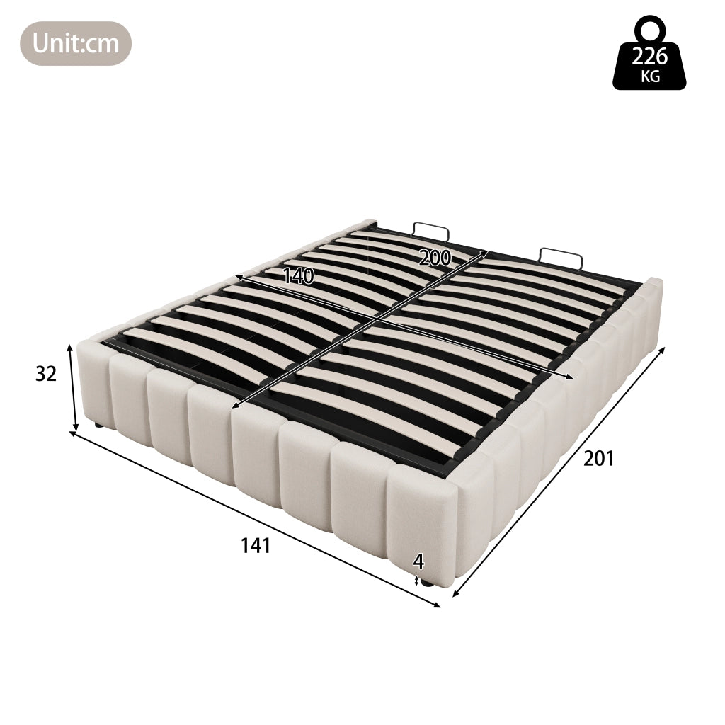 Letti contenitori 140x200 cm; contenitore idraulico senza testiera; lino e MDF beige (Senza materasso)