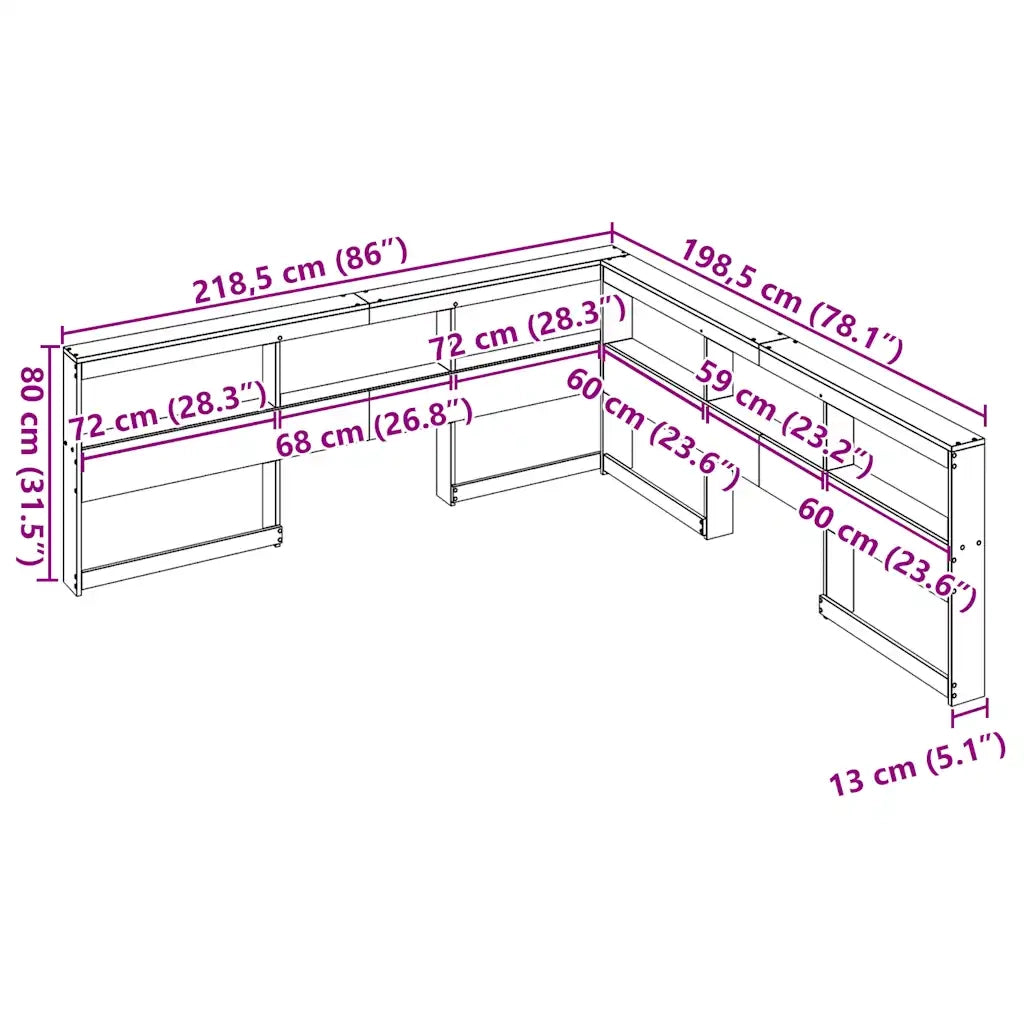 Testiera libreria a L-Testata contenitore 180 cm in Legno Massello di Pino