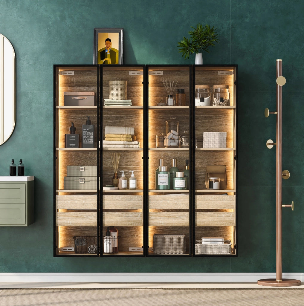 Set di 2 armadi contenitori in MDF con ante in vetro satinato e LED; naturale