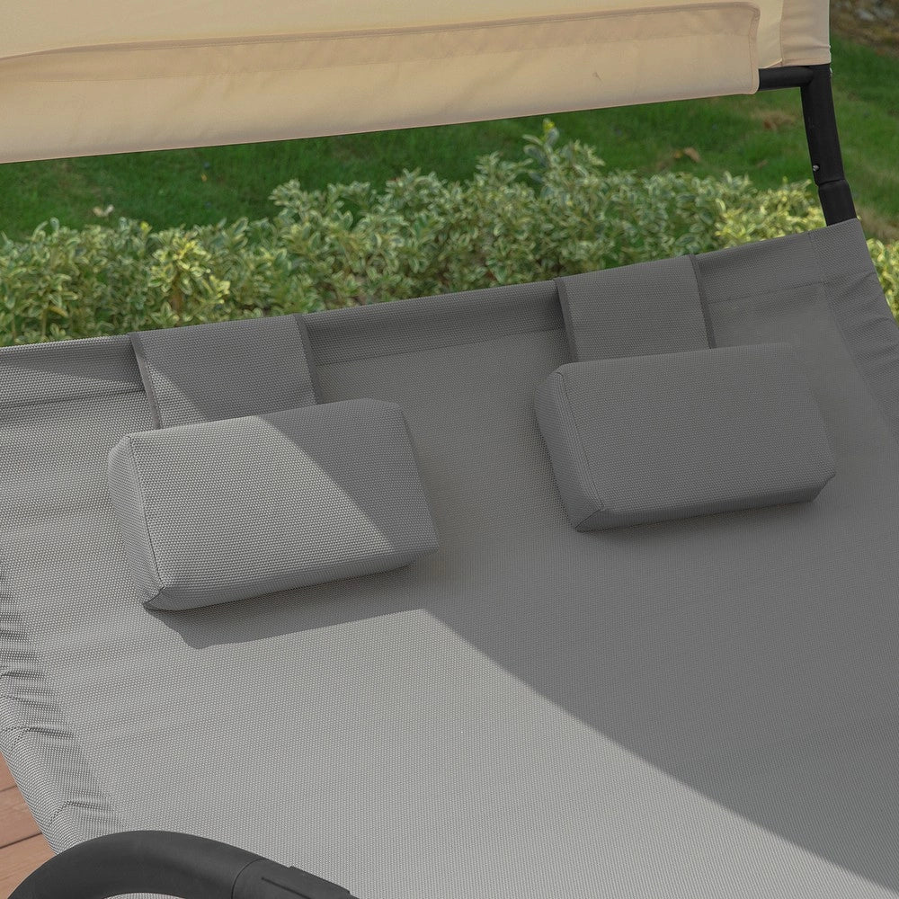 SoBuy Sdraio dondolo da giardino 2 Posti con 2 Cuscini e Tettuccio Sdraio prendisole per esterni Grigio 140x184x180 cm OGS50-HG