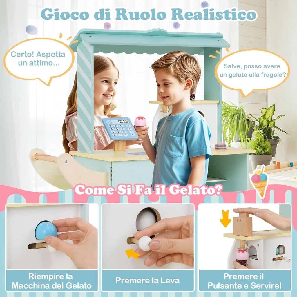 Gelateria Giocattolo per Bambini con Gelatiera, Carrelo dei Gelati in Legno con Ruote e Maniglia, Negozio di Gelati Giocattolo con Cassa e 15 Accessori, per Bambini di 3 + Anni (Verde)