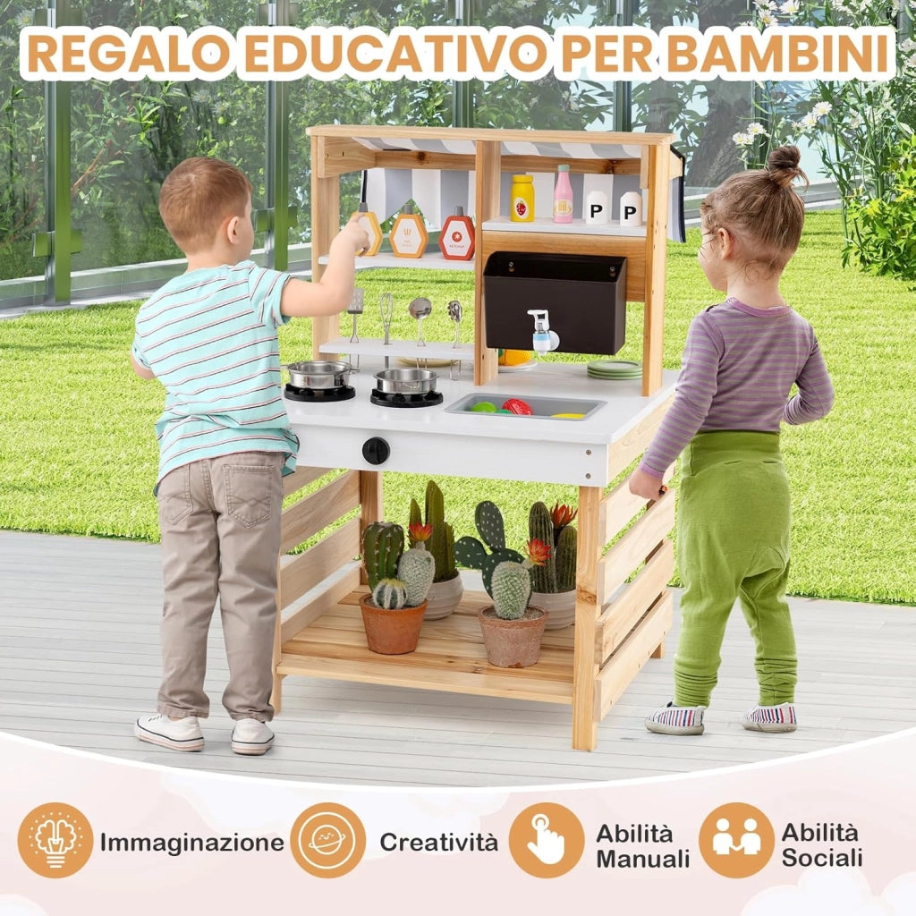 Cucina Giochi in Legno a Doppia Faccia, Cucina Giocattolo con Fornelli, Lavandino, Vaschetta per l'Acqua, Rubinetto, Set di Cucina per Esterni con Tetto, per Bambini dai 3+ Anni