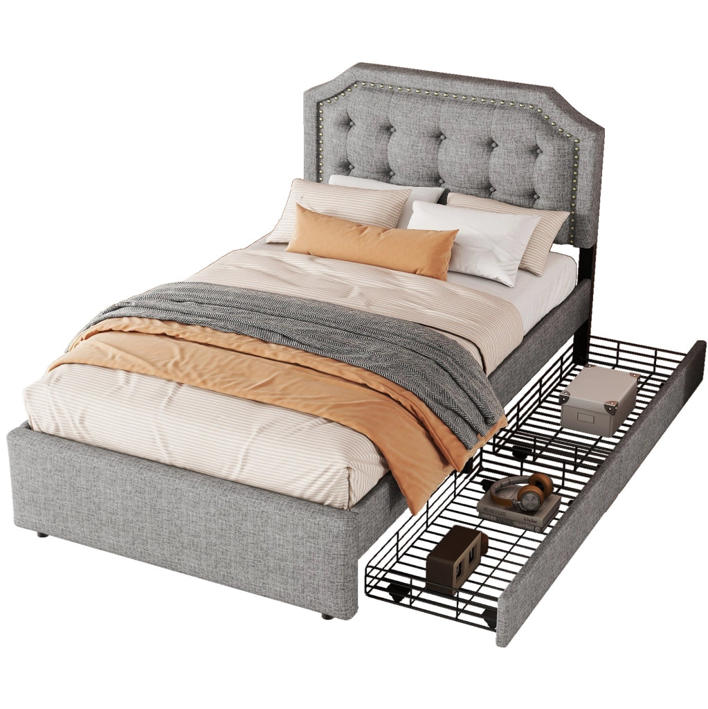 Letto imbottito 90 x 200 cm con 2 cassetti e testiera regolabile in lino grigio