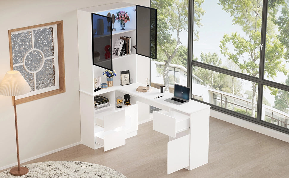Scrivania angolare con libreria e vetrina LED, 3 cassetti, 2 porte e passacavi, per home office, 120 × 80 × 180 cm