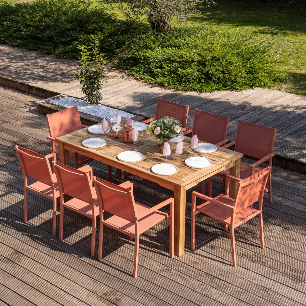 Set di mobili da giardino JAVA in teak con sedie in alluminio color terracotta - 8 posti a sedere