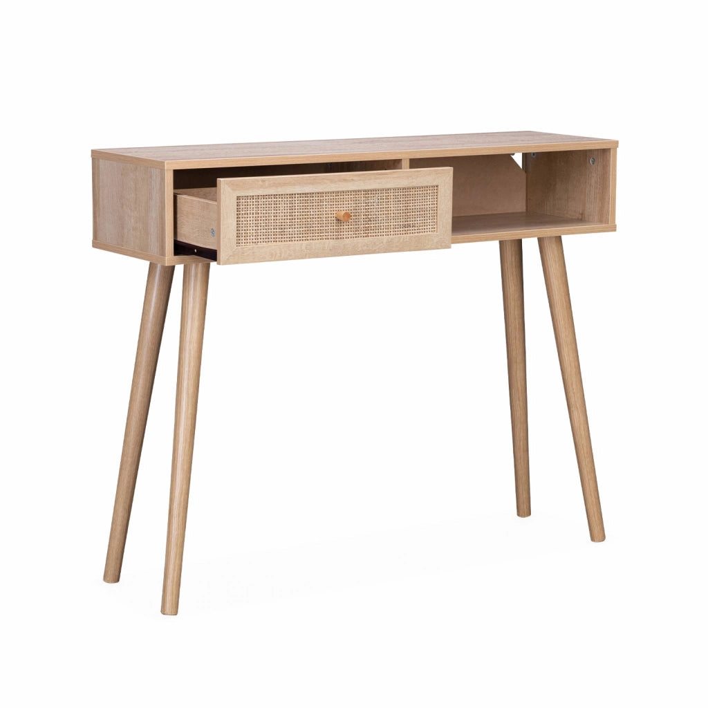 Consolle scandinava con effetto legno e canna, 100cm, marrone naturale