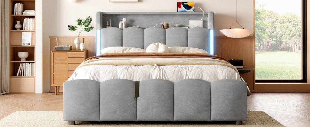 DESMIU Letto Contenitore 140 × 200 cm 2 Posti con LED, USB, USB-C e Testiera con Vano, senza Materasso, Velluto Grigio