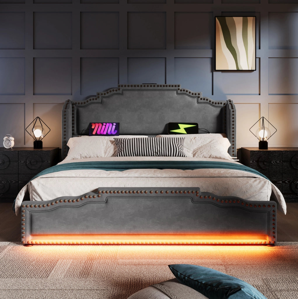 Letto matrimoniale 140x200 cm in velluto grigio con LED; USB Type-C e 4 cassetti; con materasso