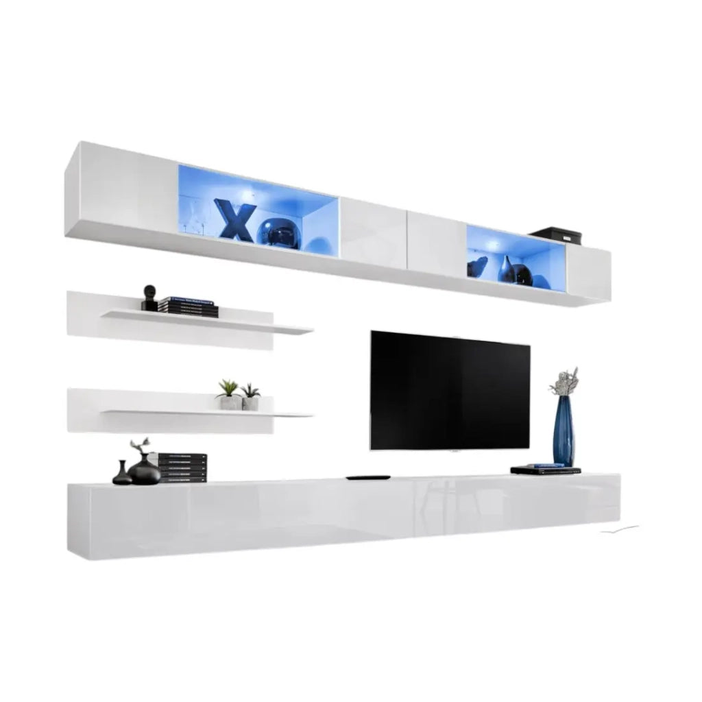 Set di mobili sospesi con LED di colore bianco. Collezione FLY.