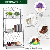 Scaffale Fioriera 3 Ripiani Pieghevole da Giardino Balcone, Metallo, Argento, 44x25x96 cm