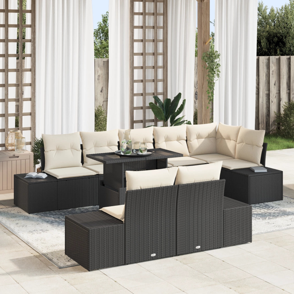 Set di divani da giardino da 9 pezzi con cuscini in polirattan nero
