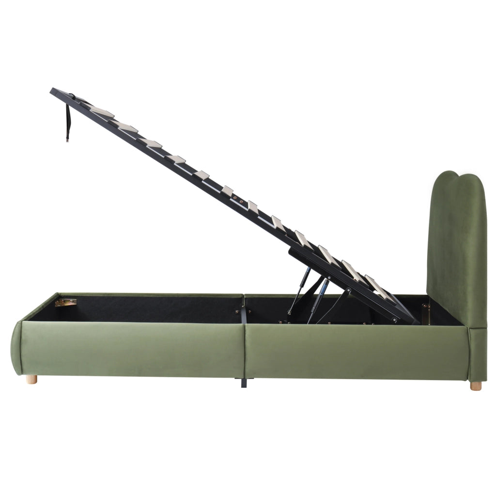 Letto singolo imbottito 90x200 cm con contenitore e rete a doghe; velluto verde