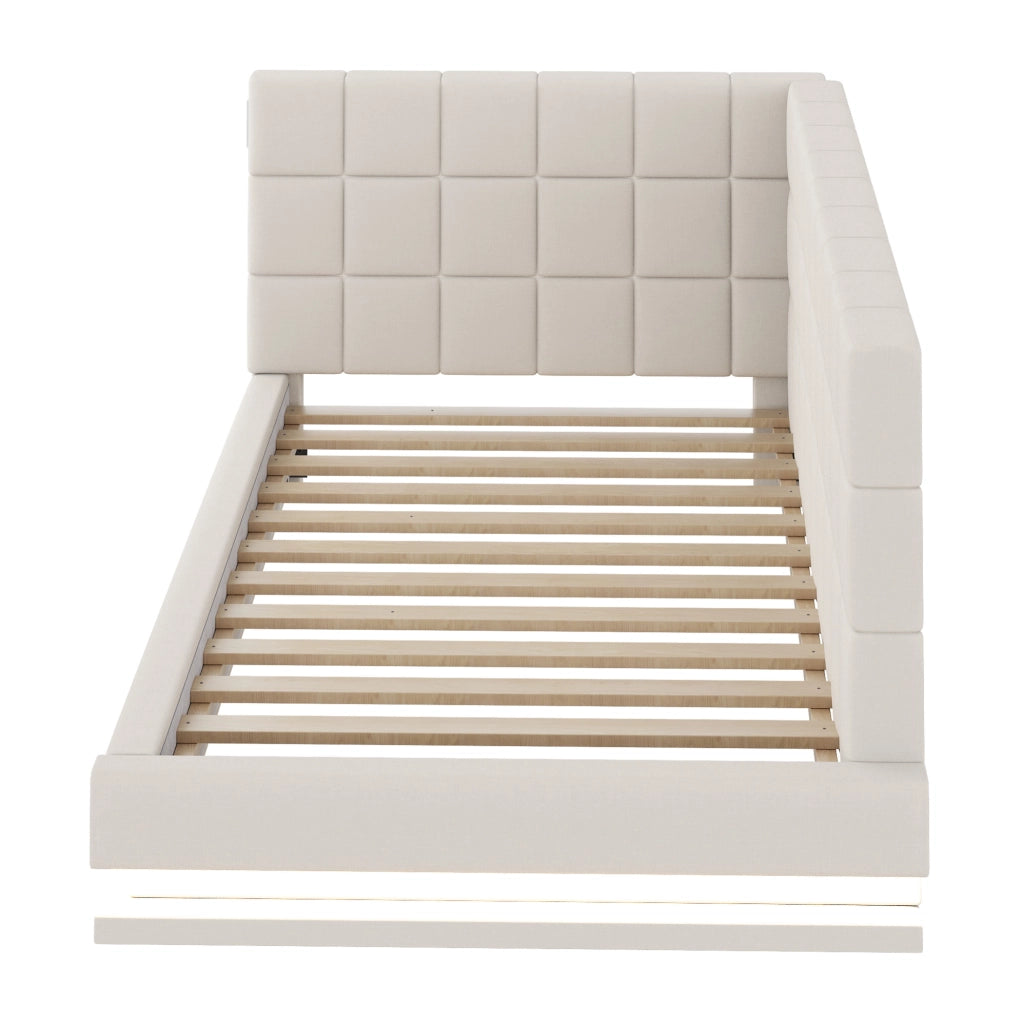 Divano letto imbottito 90x200 cm con LED RGB e presa USB; in tessuto di lino beige