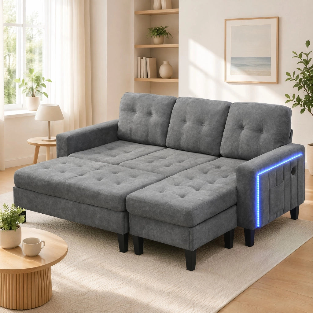 DIVANO LETTO ANGOLARE L-Form 156x115 cm Chenille Grigio con LED e USB