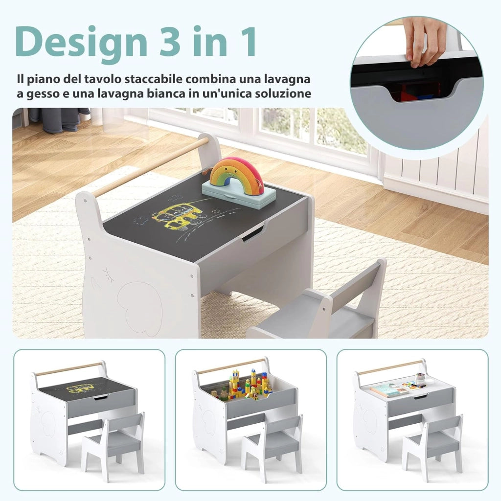 Set Tavolo e Sedia per Bambini 2 in 1, Set con Scrivania e Sedia in Legno per Bambini con Piano Rimovibile, Spazio di Archiviazione e Porta Rotolo di Carta per Aula e Cameretta (Grigio+Bianco)