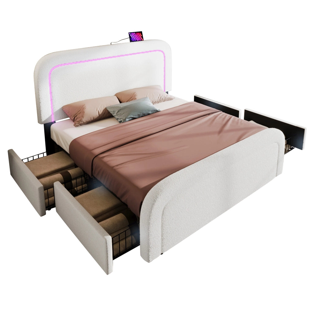 OKWISH Letto con Cassetti 140×200 cm, Letto Matrimoniale con USB, Type-C, LED Regolabile e 4 Cassetti, senza Materasso, in Sherpa, Bianco