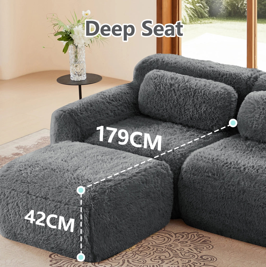 Divano modulare 3 posti in tessuto plush premium grigio con supporto ergonomico e base antiscivolo, senza montaggio, con cuscini