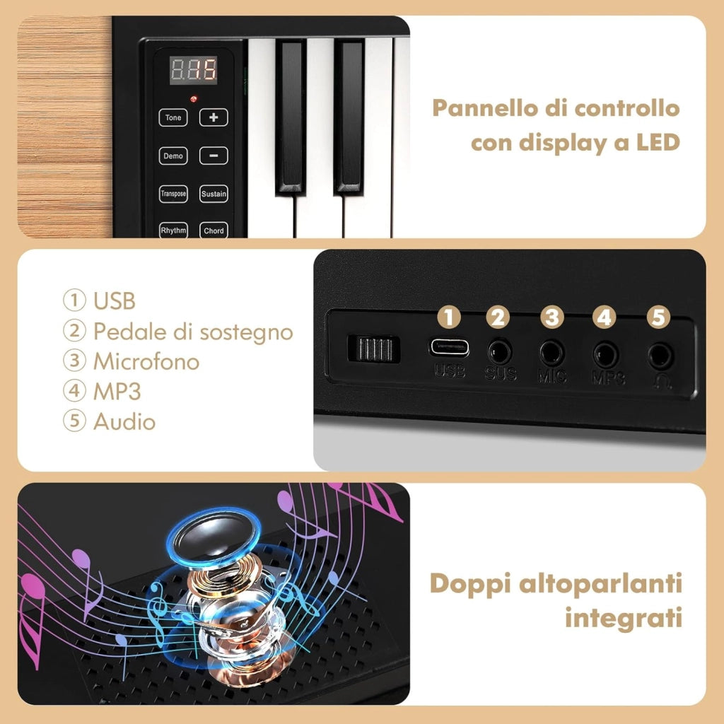 Pianoforte Digitale Pieghevole 61 Tasti, Tastiera Elettronica Portatile, con Tasti a Grandezza Standard Leggio Pedale Sustain MIDI Bluetooth e Borsa, per Principianti Bambini Adulti, Nero