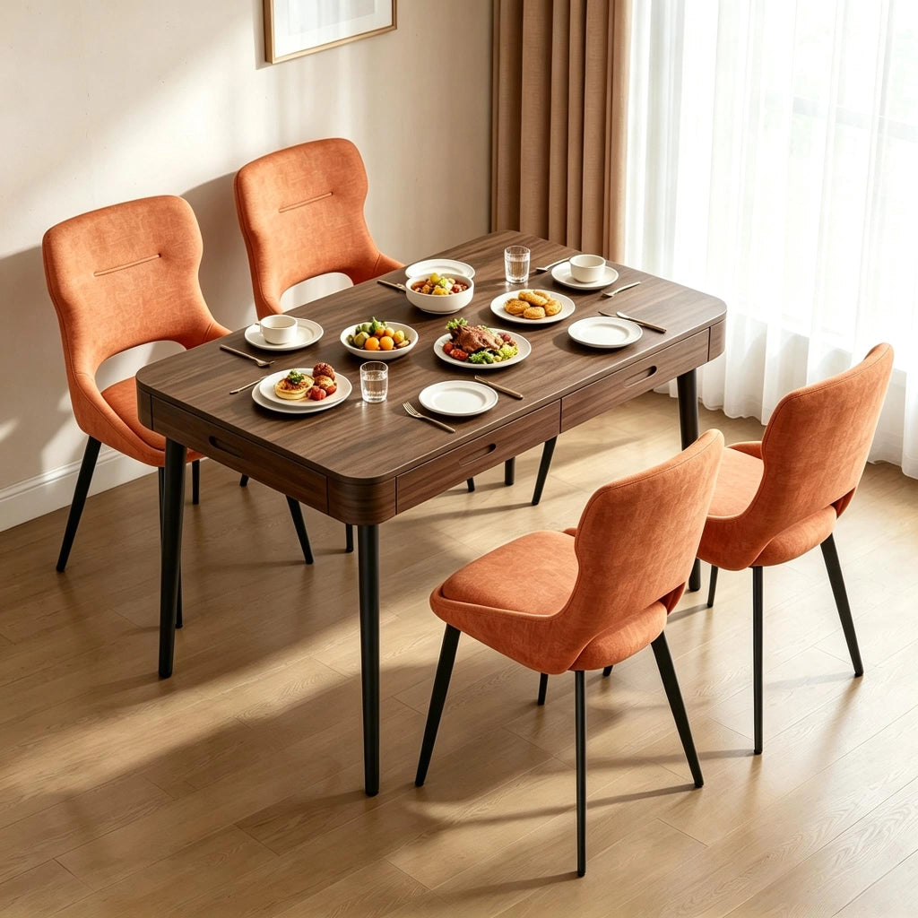 Sedia da pranzo Set da 4 con Braccioli e Schienale Imbottito, Gambe in Legno e Metallo, Ciniglia Arancione
