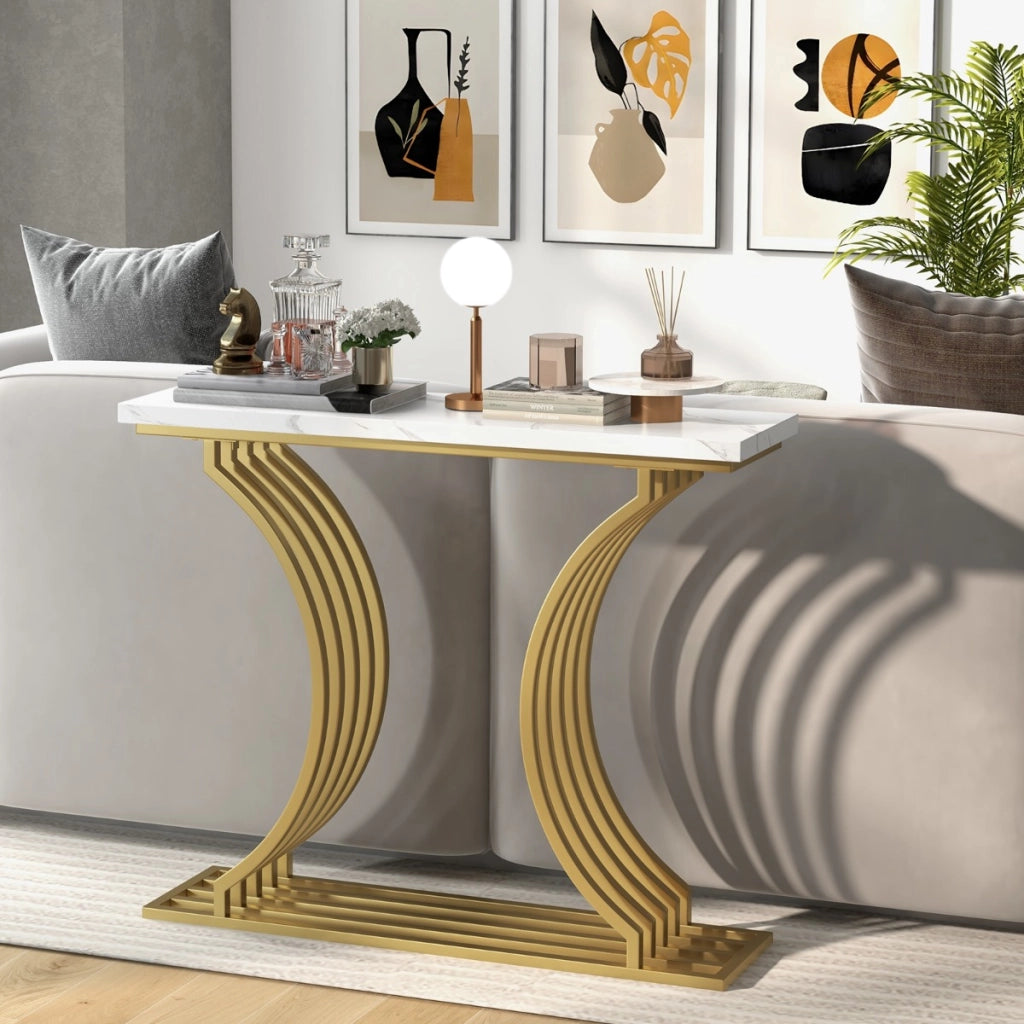 Consolle con piano in finto marmo bianco, Tavolo d'ingresso stretto con gambe metalliche per soggiorno Oro-Consolle