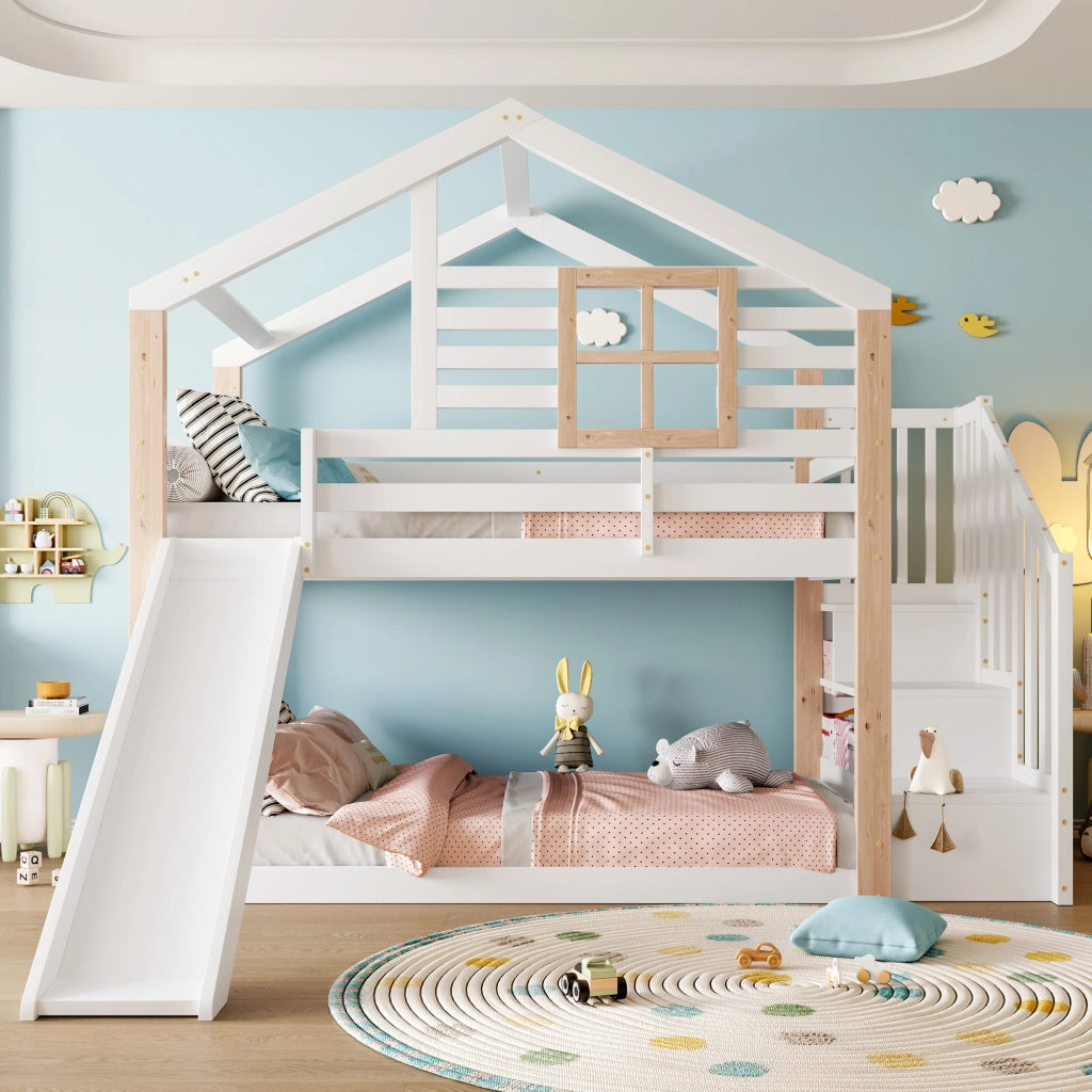 Letto a castello con scivolo e scala in legno bianco 90x200 cm
