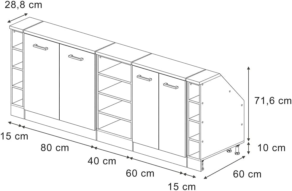 Set di mobili sottotetto Rion, Nero lucido, 210 cm Set di 5 carcasse armadio profondità 60 cm, adatto per il salvaspazio sotto tetti spioventi