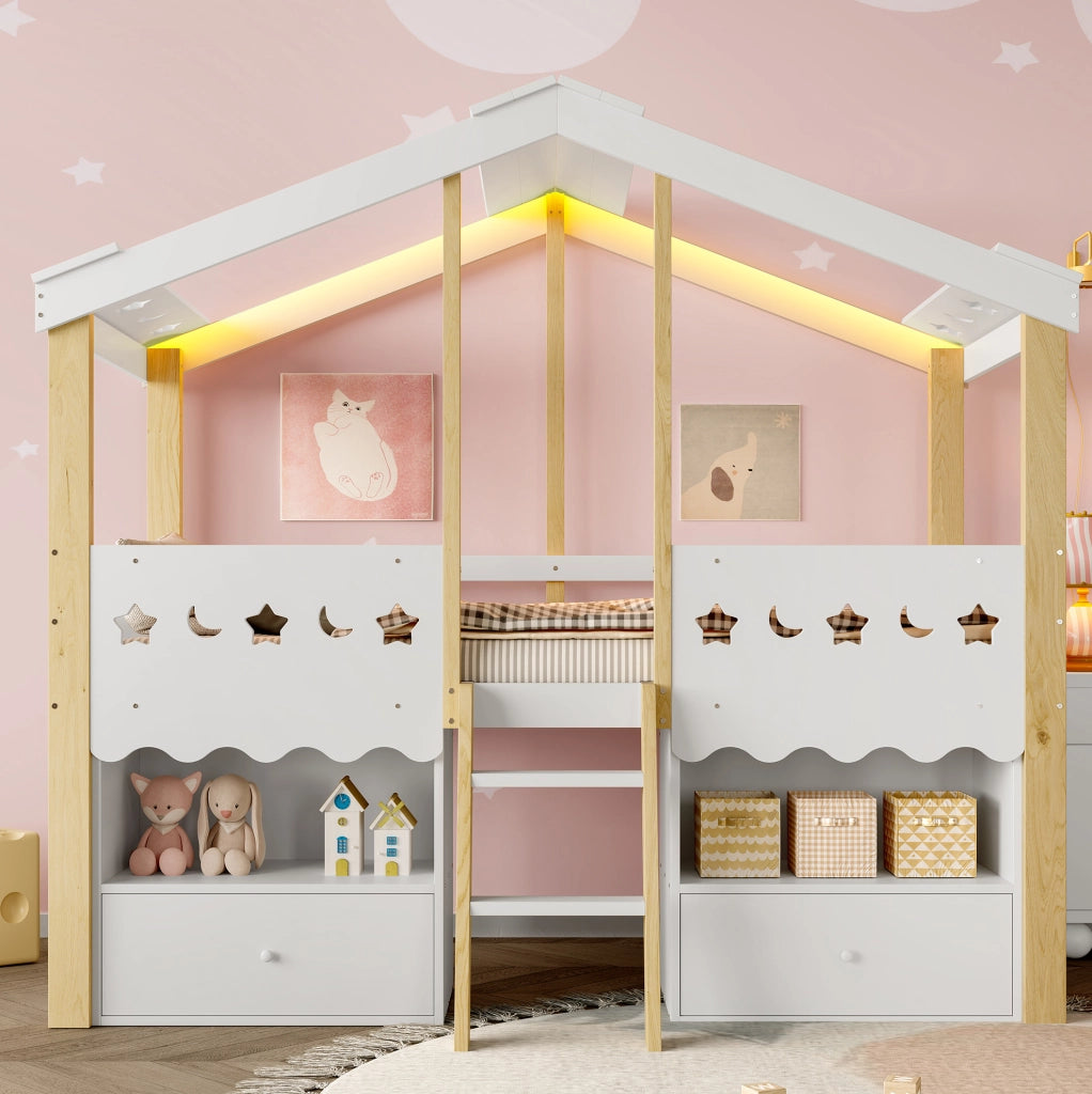 Letto a soppalco 90x200 cm a casetta con LED; in pino bianco e naturale