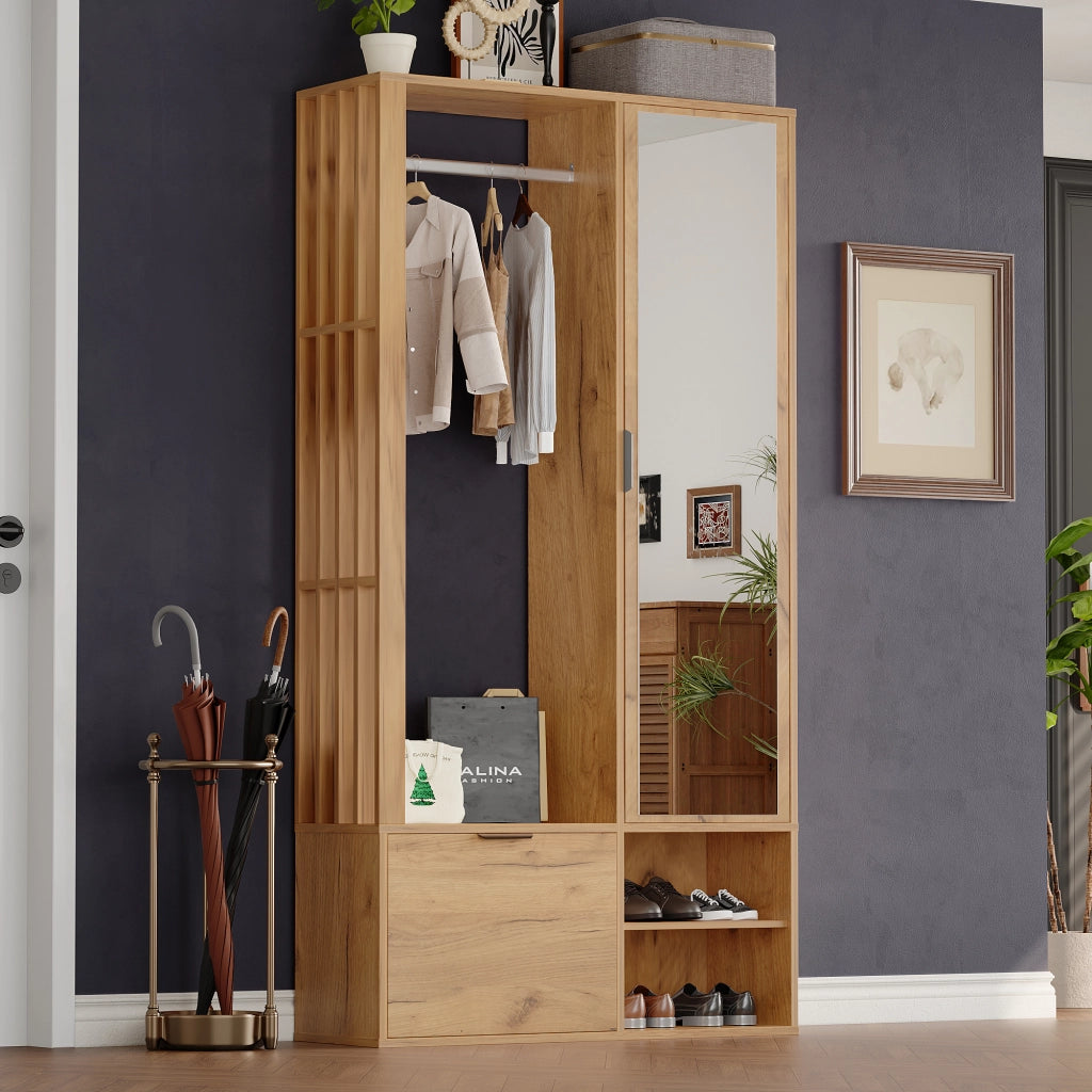 Mobile Ingresso con Specchio Guardaroba in Legno Naturale 100 cm