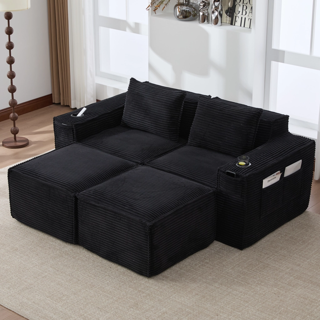 DIVANO MODULARE 2 POSTI 188x162x75 cm in tessuto a coste nero con 2 pouf