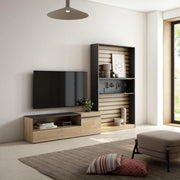 Mobile TV, Soggiorno, 260x35x186cm, Per TV fino a 65", Set di mobili, colore Rovere e nero RF2535