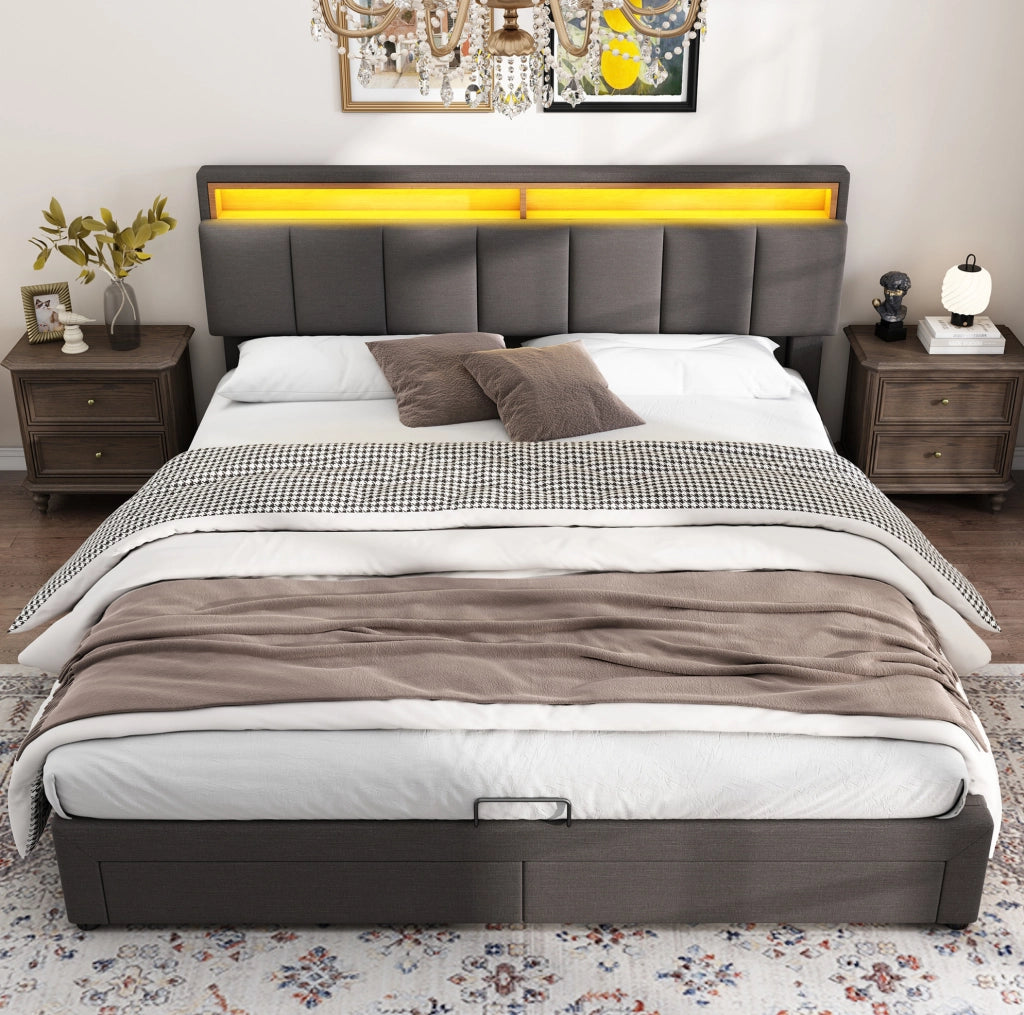 Letto imbottito 160x200 cm grigio con LED e contenitore