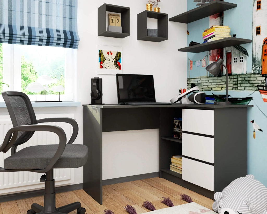 Scrivania angolare AKORD B16 Grigio Grafite 124 cm 3 cassetti inserto frontale Bianco 124x85x77 cm Modello a destra
