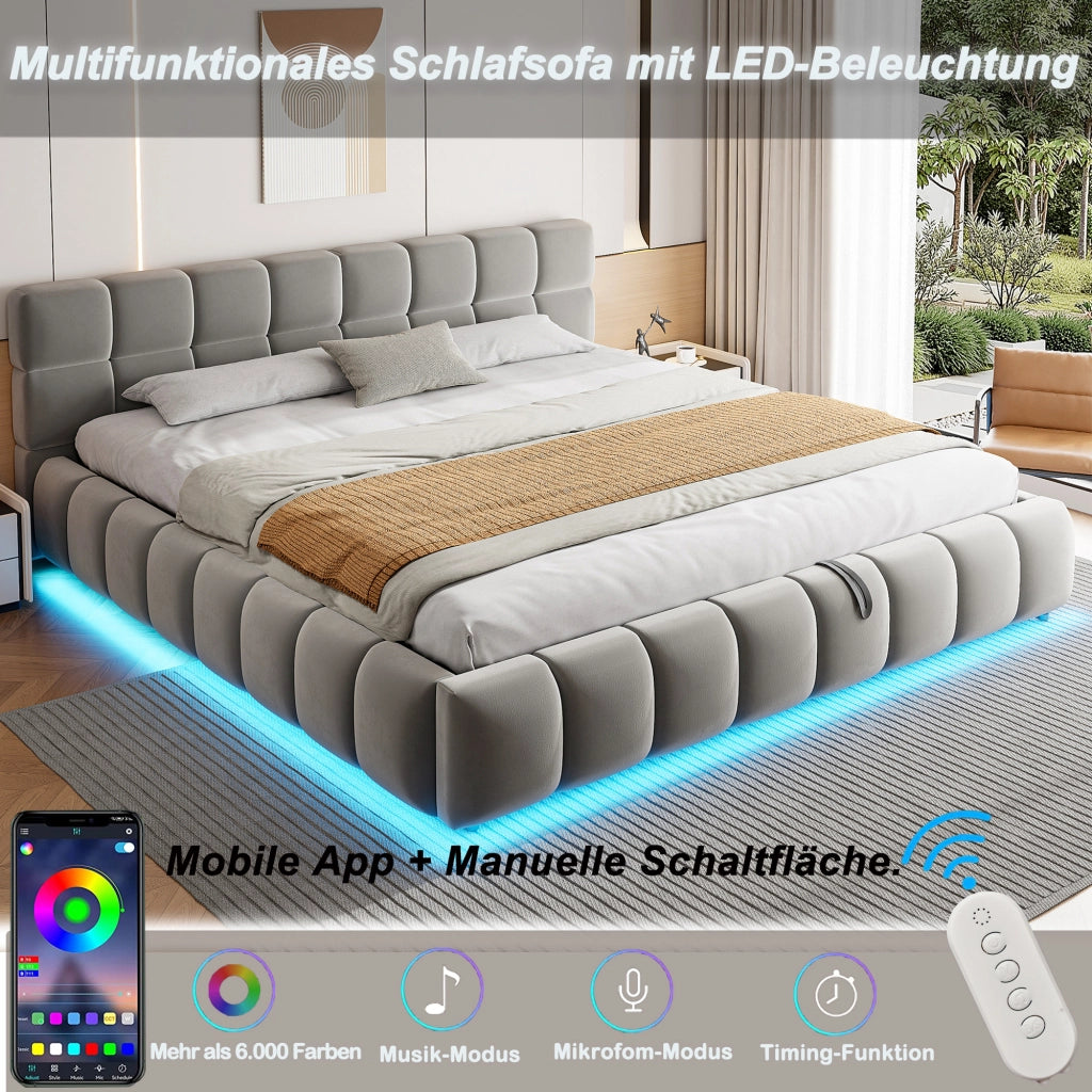 Letto contenitore capitonné con LED multicolore e vano idraulico LEMONMAX; 180x200 cm; testiera imbottita; velluto; grigio