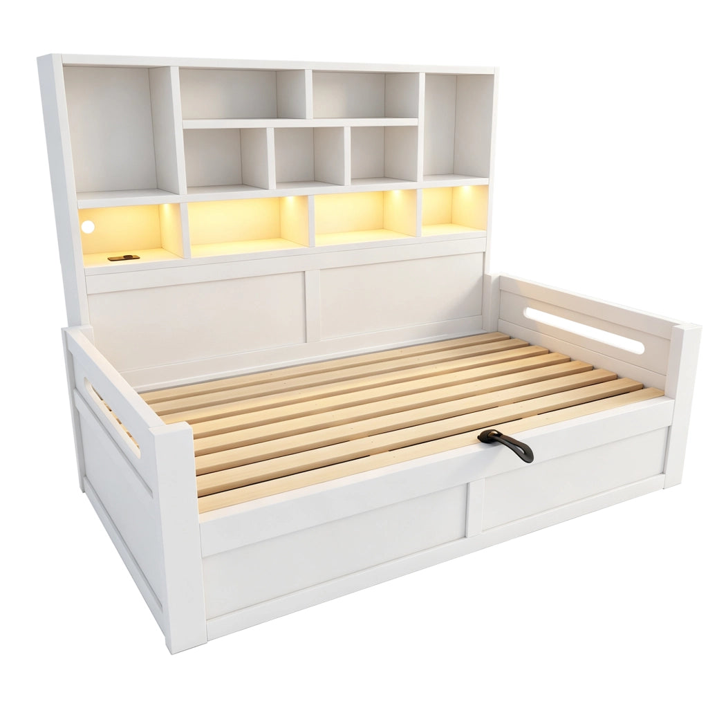 Letto divano singolo 90 × 200 cm con contenitore idraulico; LED e prese; senza materasso; bianco