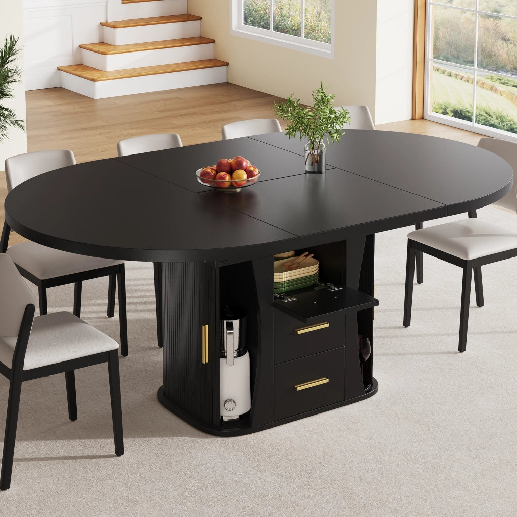 Tavolo da pranzo - rotondo estraibile - da 118 a 158 cm - 3 livelli stoccaggio - fino a 6 persone - nero