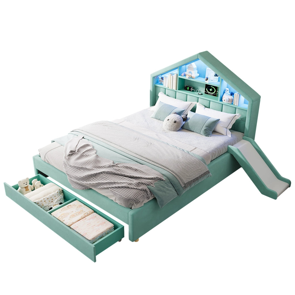 Letto per Bambini 140x200 cm; Scivolo; LED; Porta di Ricarica e Contenitore in Velluto