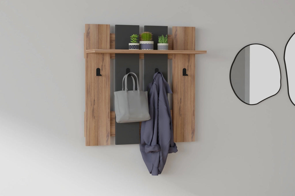 Appendiabiti a muro "Mita" con ripiano in legno - 70 x 14 x 70 cm - Grigio antracite