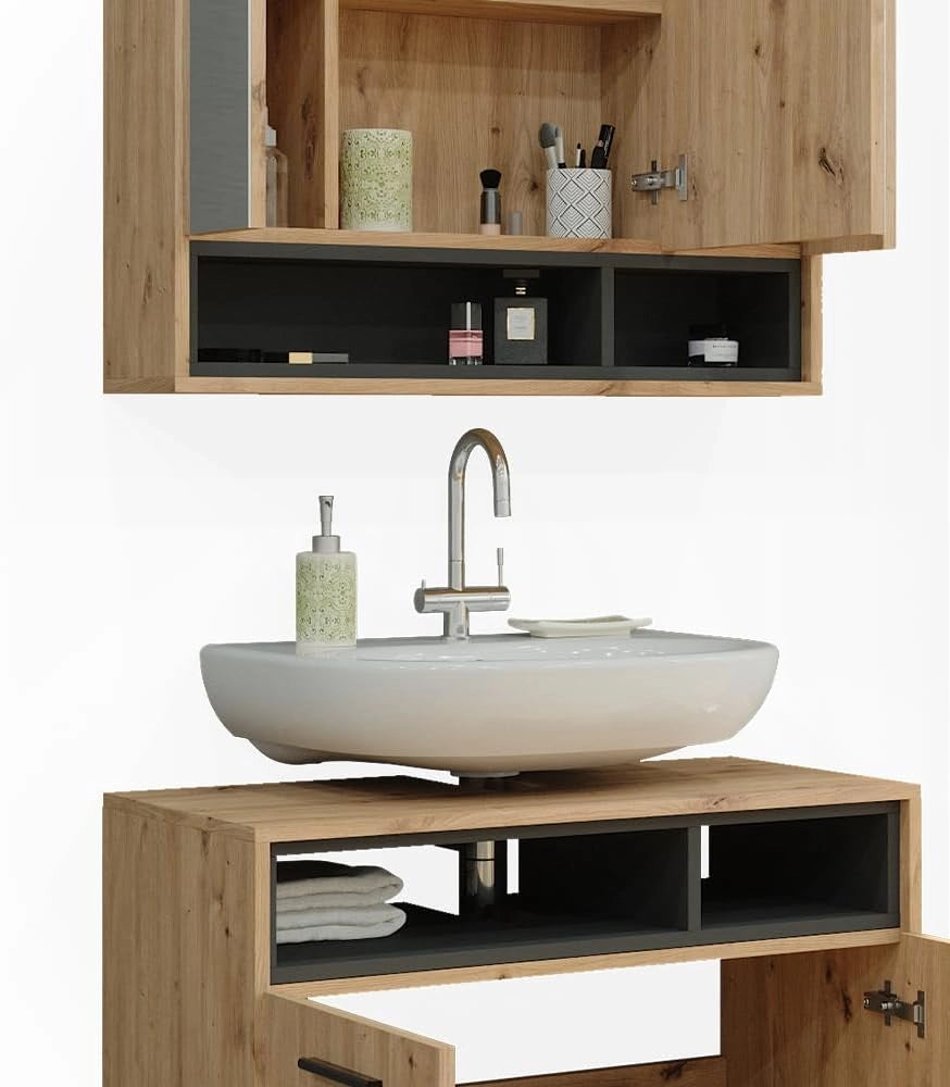 Set di mobili da bagno Beatrice, Rovere artigianale, 80 cm, composto da specchio da bagno e mobile sottolavabo