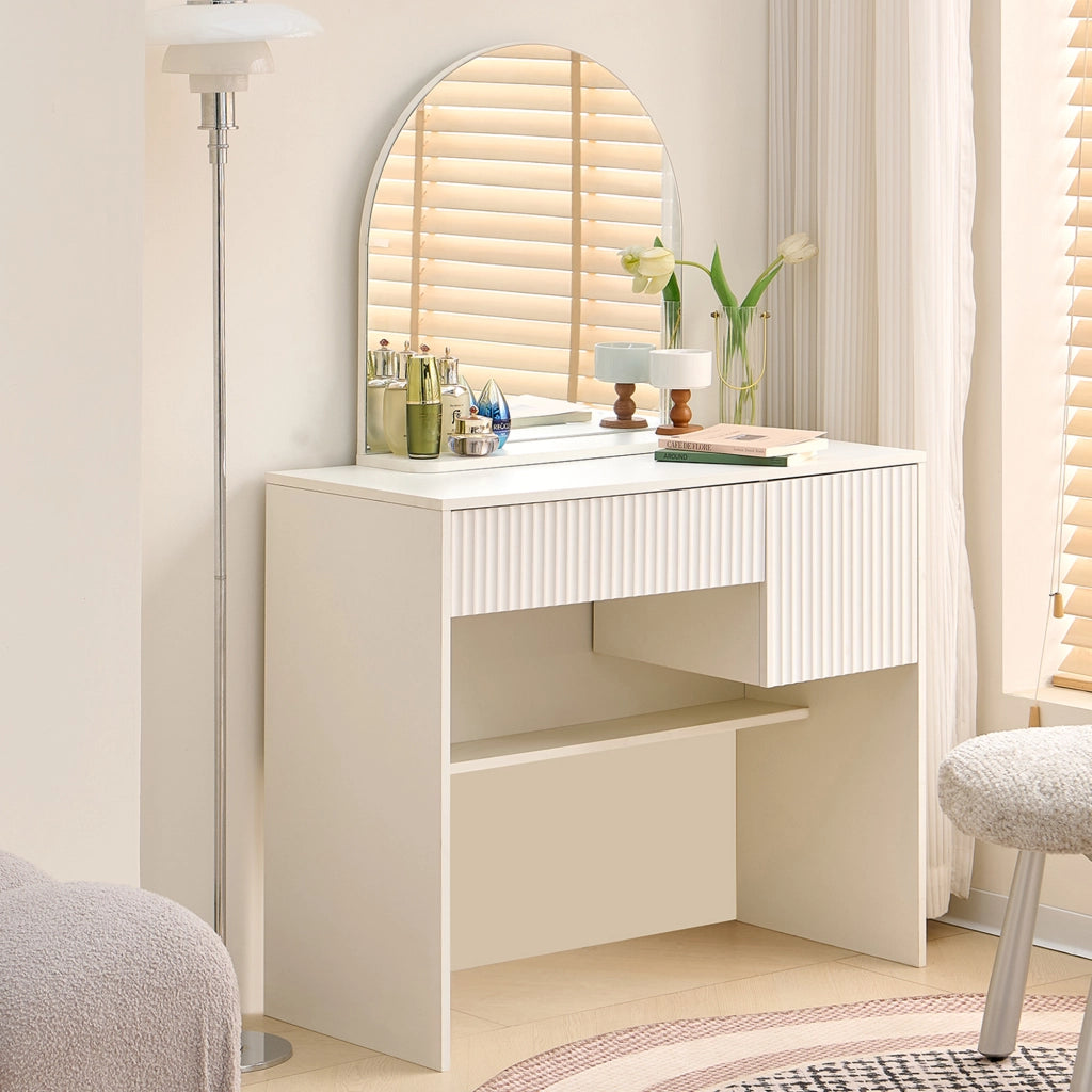 Tavolo da toeletta moderno con specchio; cassetti e mensole aperte; Bianco; B90×H135×P40cm