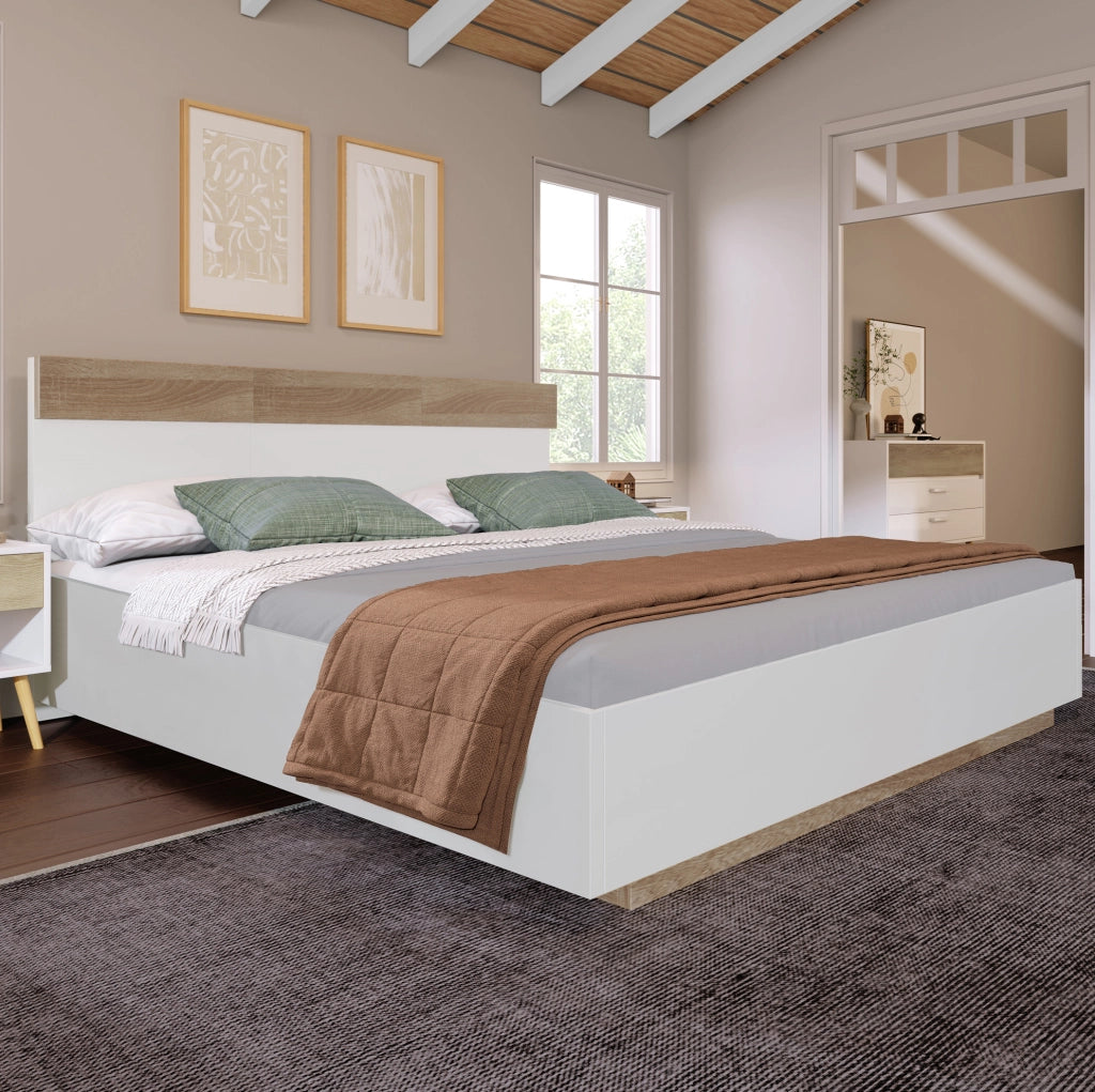 Letto matrimoniale 160x200 cm con testiera e rete a doghe; legno bianco e rovere Sonoma