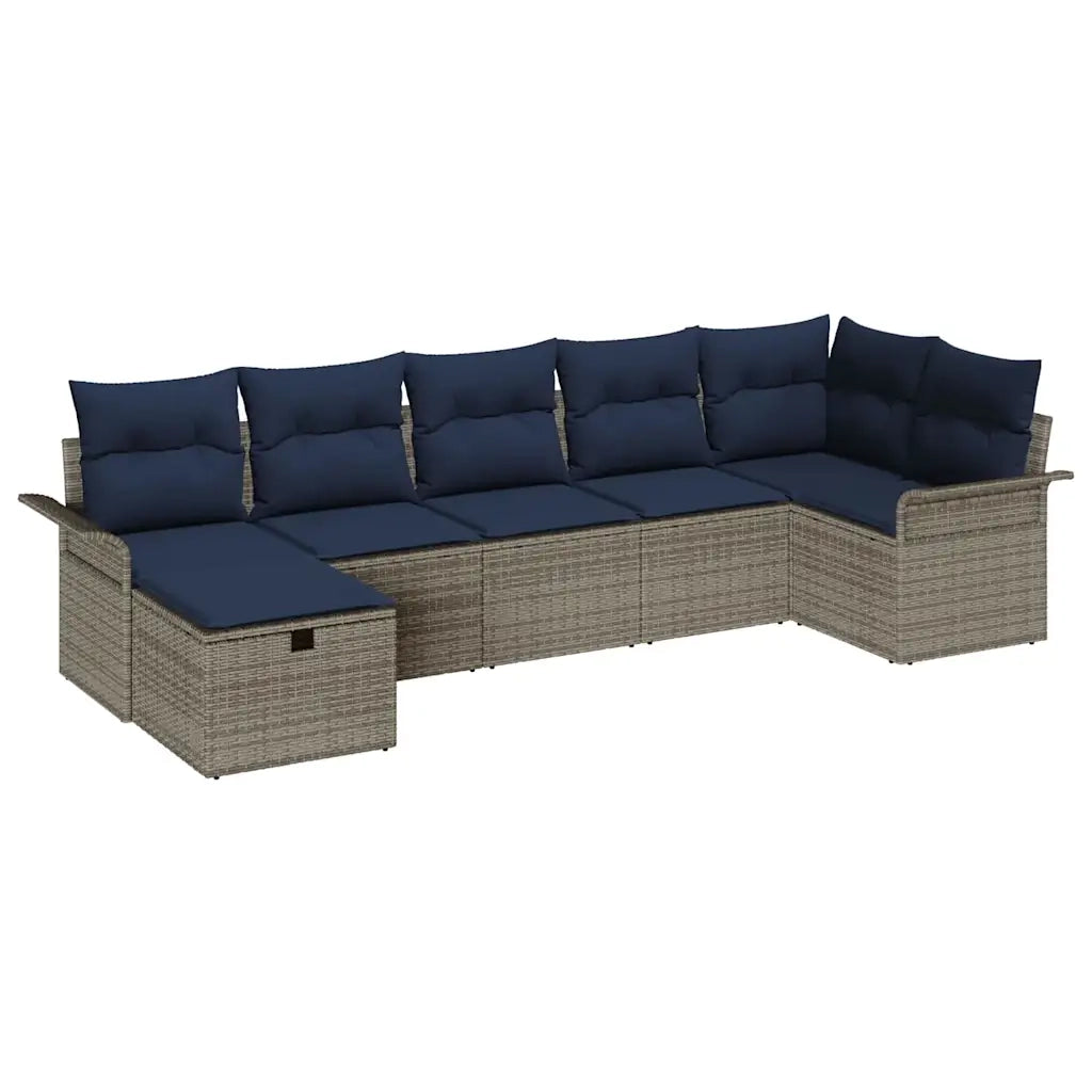 Set Divano da Giardino 7 pcs Grigio e Blu Navy polyrattan