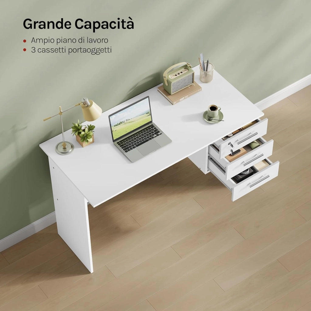 Scrivania con 3 Cassetti, 120x60 cm, Bianco, Tavolo da Lavoro, Scrivania per Computer, Porta PC in Legno