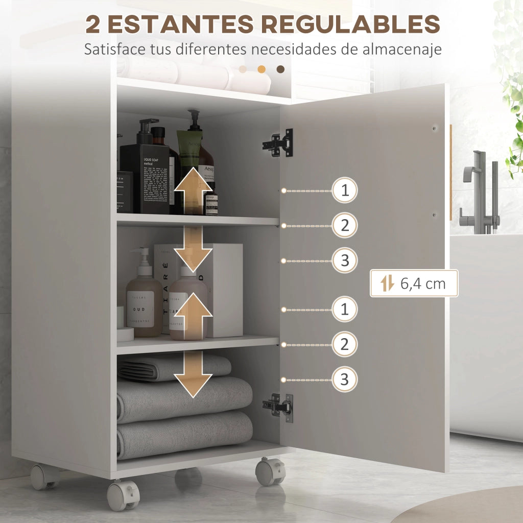 Armadietto da Bagno con Ripiani Regolabili e Ruote ¨C Zephmum ¨C Bianco e Rovere 40x30x88 cm
