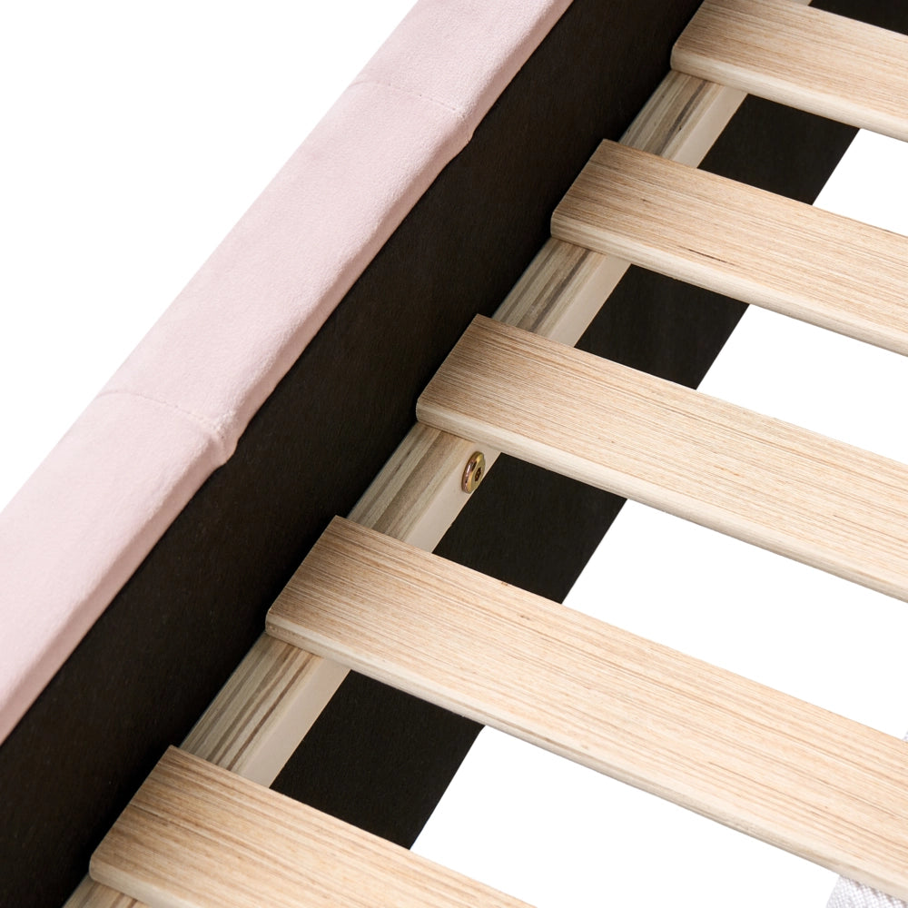 Letto 90 x 200 cm in velluto rosa imbottito elegante rete a doghe gambe in legno